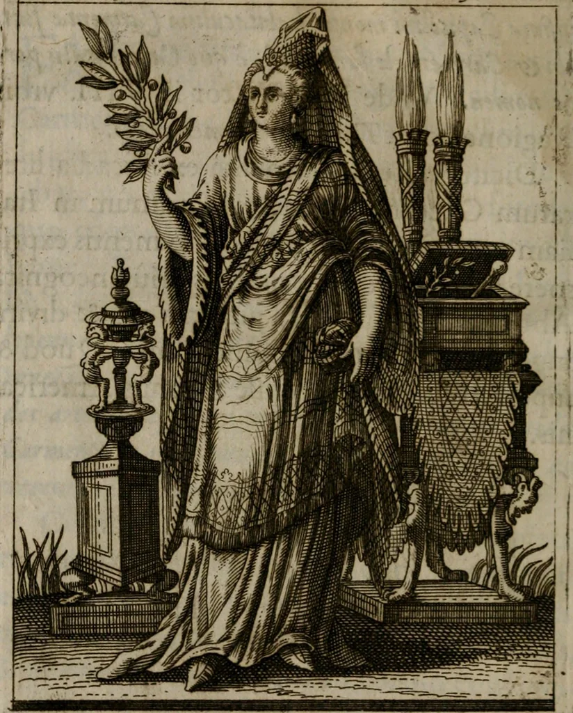 An illustration from Historia deorum fatidicorum, vatum, sibyllarum, phoebadum, apud priscos illustrium : cum eorum iconibus : præposita est dissertatio de divinatione et oraculis, 1675, leaf 239