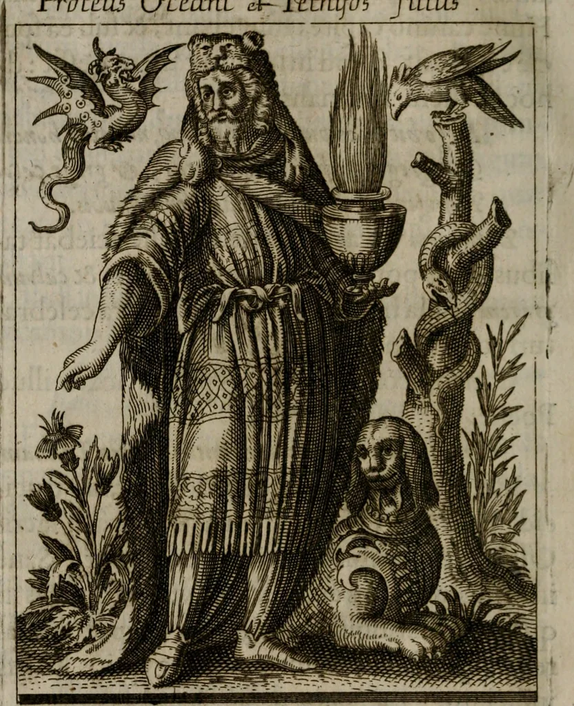 An illustration from Historia deorum fatidicorum, vatum, sibyllarum, phoebadum, apud priscos illustrium : cum eorum iconibus : præposita est dissertatio de divinatione et oraculis, 1675, leaf 77