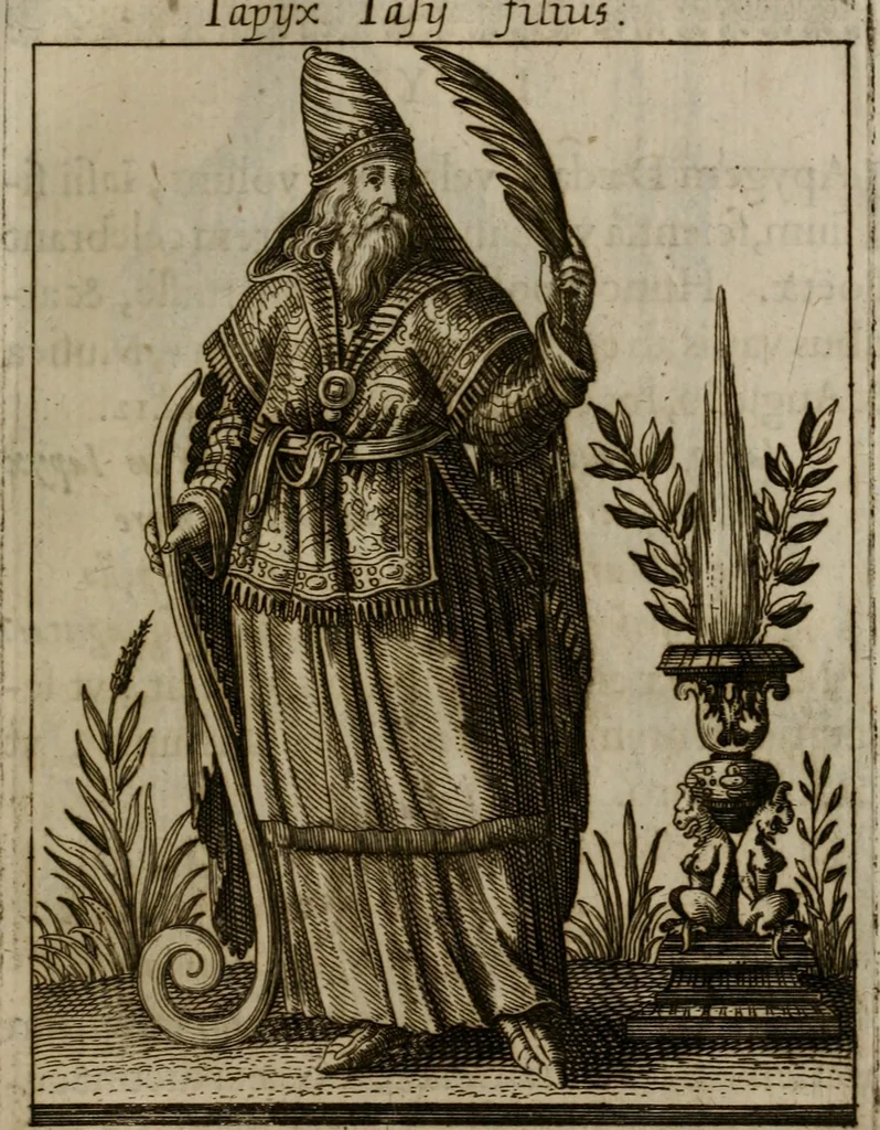 An illustration from Historia deorum fatidicorum, vatum, sibyllarum, phoebadum, apud priscos illustrium : cum eorum iconibus : præposita est dissertatio de divinatione et oraculis, 1675, leaf 94