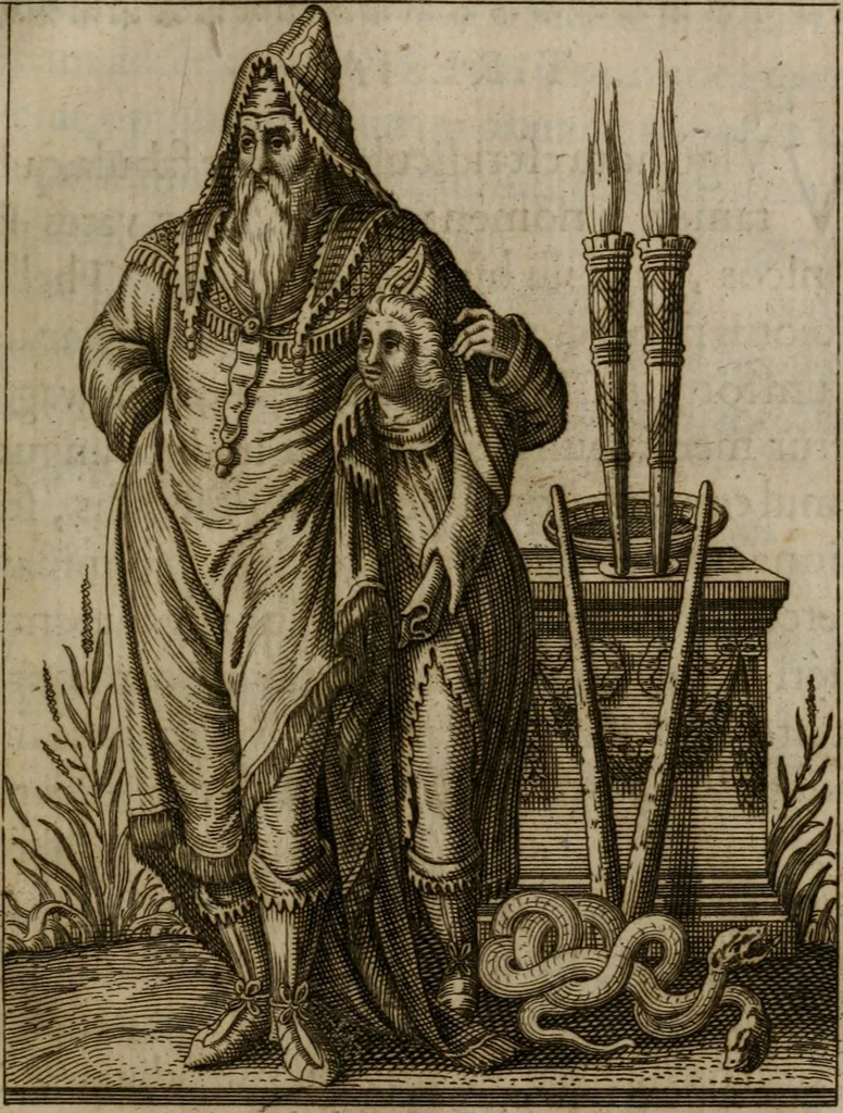 An illustration from Historia deorum fatidicorum, vatum, sibyllarum, phoebadum, apud priscos illustrium : cum eorum iconibus : præposita est dissertatio de divinatione et oraculis, 1675, leaf 96