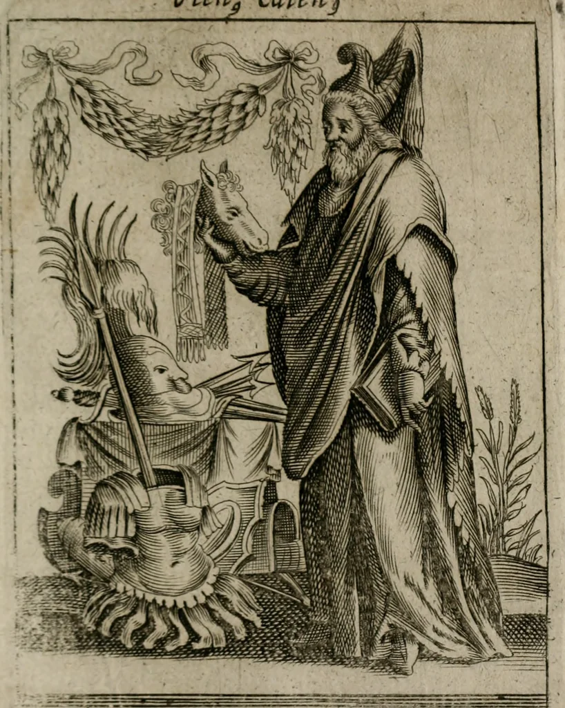 An illustration from Historia deorum fatidicorum, vatum sybillarum, phoebadum, apud priscos illustrium : cum eorum iconibus : praeposita est disertatio de divinatione & oraculis, 1680, leaf 102