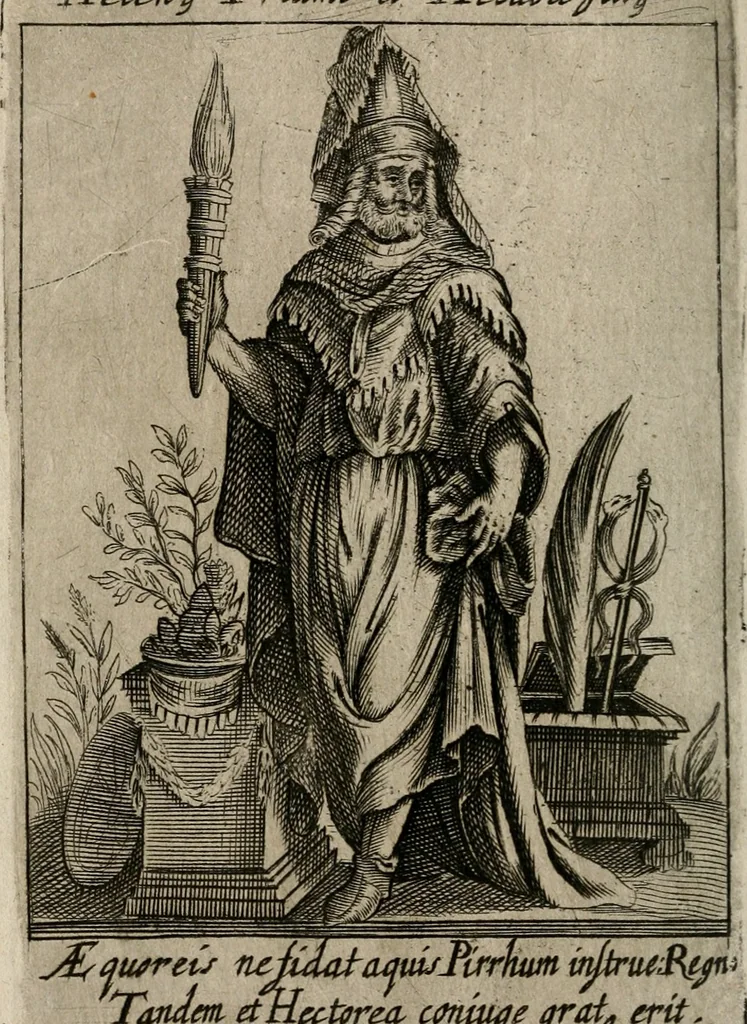 An illustration from Historia deorum fatidicorum, vatum sybillarum, phoebadum, apud priscos illustrium : cum eorum iconibus : praeposita est disertatio de divinatione & oraculis, 1680, leaf 105