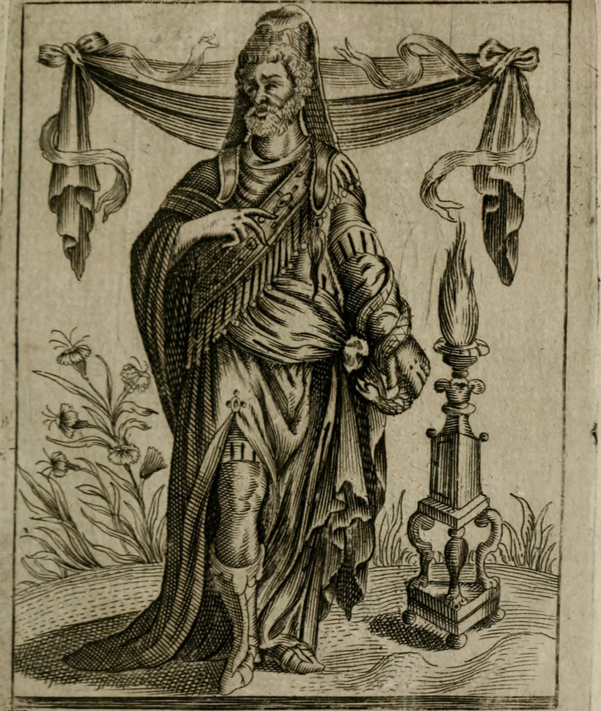 An illustration from Historia deorum fatidicorum, vatum sybillarum, phoebadum, apud priscos illustrium : cum eorum iconibus : praeposita est disertatio de divinatione & oraculis, 1680, leaf 110