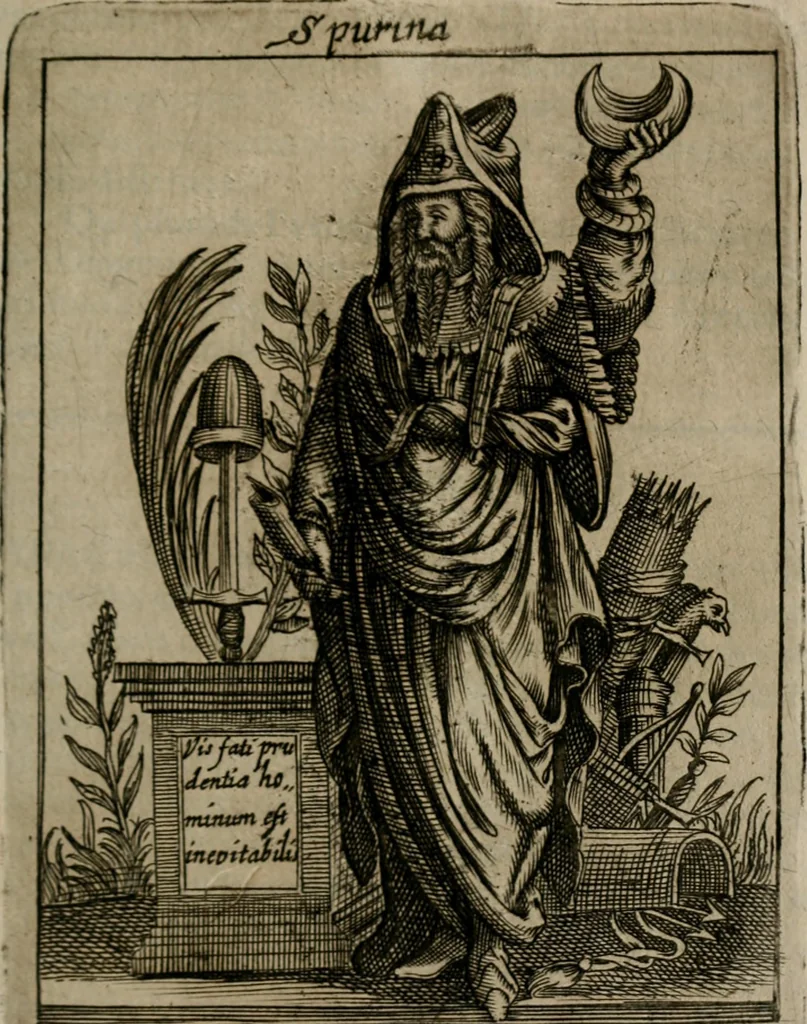 An illustration from Historia deorum fatidicorum, vatum sybillarum, phoebadum, apud priscos illustrium : cum eorum iconibus : praeposita est disertatio de divinatione & oraculis, 1680, leaf 124