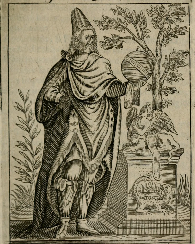 An illustration from Historia deorum fatidicorum, vatum sybillarum, phoebadum, apud priscos illustrium : cum eorum iconibus : praeposita est disertatio de divinatione & oraculis, 1680, leaf 128