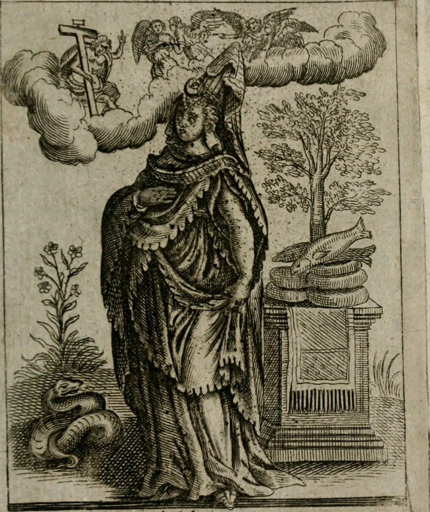 An illustration from Historia deorum fatidicorum, vatum sybillarum, phoebadum, apud priscos illustrium : cum eorum iconibus : praeposita est disertatio de divinatione & oraculis, 1680, leaf 148