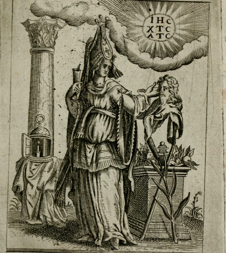 An illustration from Historia deorum fatidicorum, vatum sybillarum, phoebadum, apud priscos illustrium : cum eorum iconibus : praeposita est disertatio de divinatione & oraculis, 1680, leaf 152