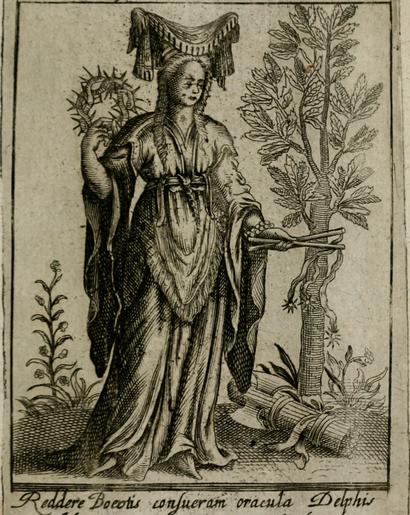 An illustration from Historia deorum fatidicorum, vatum sybillarum, phoebadum, apud priscos illustrium : cum eorum iconibus : praeposita est disertatio de divinatione & oraculis, 1680, leaf 154
