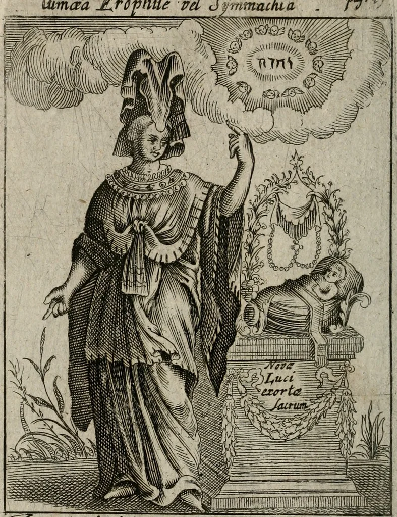 An illustration from Historia deorum fatidicorum, vatum sybillarum, phoebadum, apud priscos illustrium : cum eorum iconibus : praeposita est disertatio de divinatione & oraculis, 1680, leaf 157