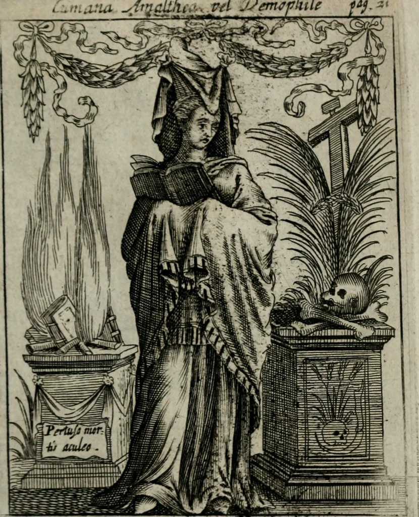 An illustration from Historia deorum fatidicorum, vatum sybillarum, phoebadum, apud priscos illustrium : cum eorum iconibus : praeposita est disertatio de divinatione & oraculis, 1680, leaf 168