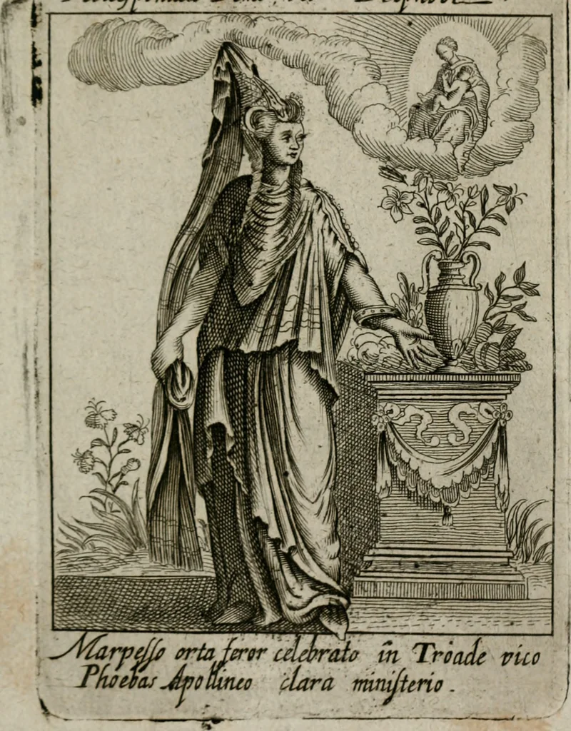 An illustration from Historia deorum fatidicorum, vatum sybillarum, phoebadum, apud priscos illustrium : cum eorum iconibus : praeposita est disertatio de divinatione & oraculis, 1680, leaf 170