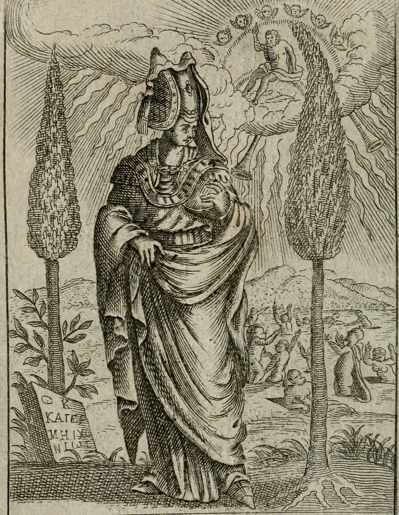 An illustration from Historia deorum fatidicorum, vatum sybillarum, phoebadum, apud priscos illustrium : cum eorum iconibus : praeposita est disertatio de divinatione & oraculis, 1680, leaf 173