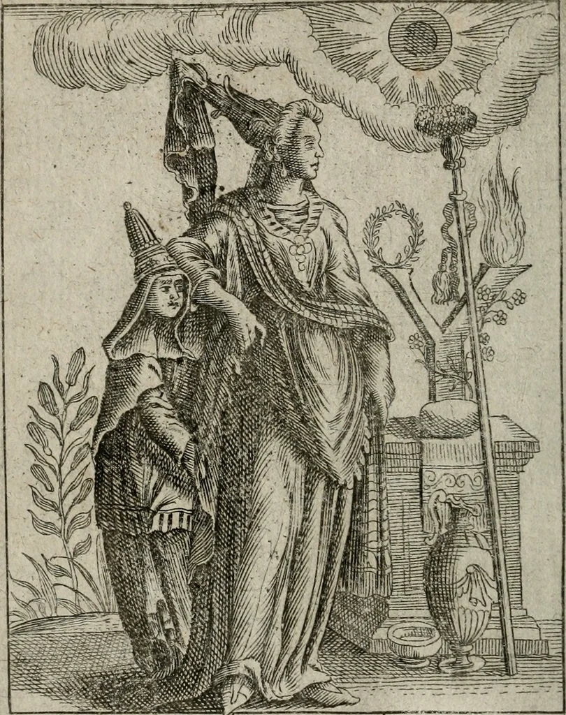An illustration from Historia deorum fatidicorum, vatum sybillarum, phoebadum, apud priscos illustrium : cum eorum iconibus : praeposita est disertatio de divinatione & oraculis, 1680, leaf 175