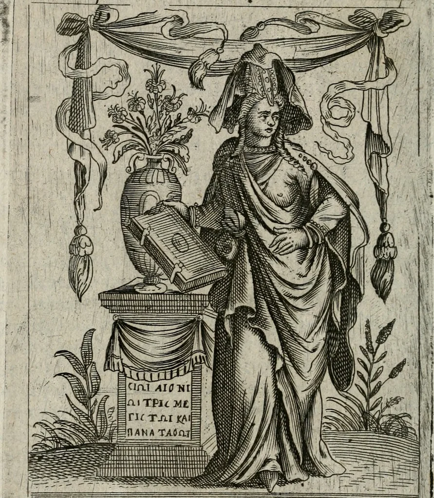 An illustration from Historia deorum fatidicorum, vatum sybillarum, phoebadum, apud priscos illustrium : cum eorum iconibus : praeposita est disertatio de divinatione & oraculis, 1680, leaf 179