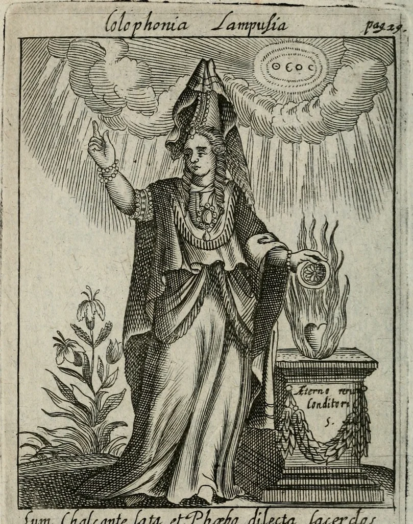 An illustration from Historia deorum fatidicorum, vatum sybillarum, phoebadum, apud priscos illustrium : cum eorum iconibus : praeposita est disertatio de divinatione & oraculis, 1680, leaf 183