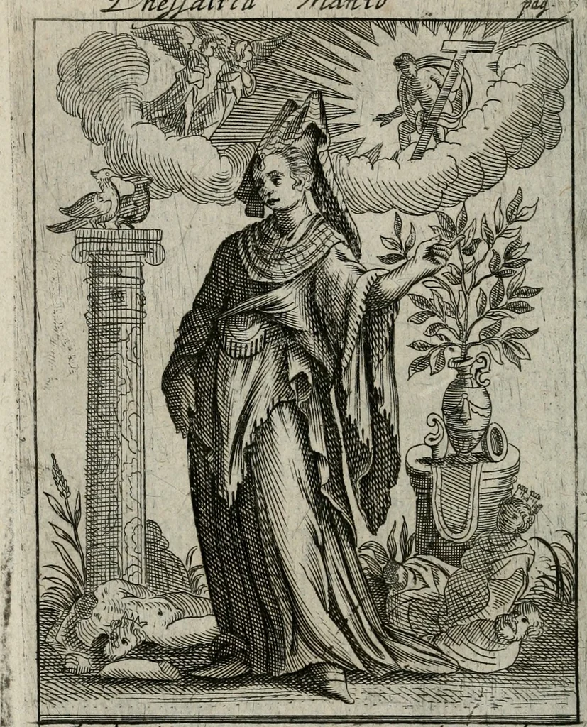 An illustration from Historia deorum fatidicorum, vatum sybillarum, phoebadum, apud priscos illustrium : cum eorum iconibus : praeposita est disertatio de divinatione & oraculis, 1680, leaf 185