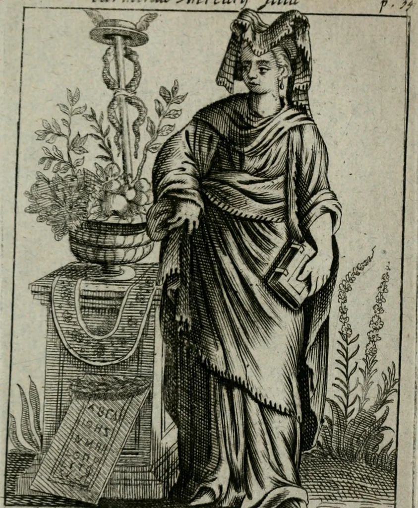 An illustration from Historia deorum fatidicorum, vatum sybillarum, phoebadum, apud priscos illustrium : cum eorum iconibus : praeposita est disertatio de divinatione & oraculis, 1680, leaf 190