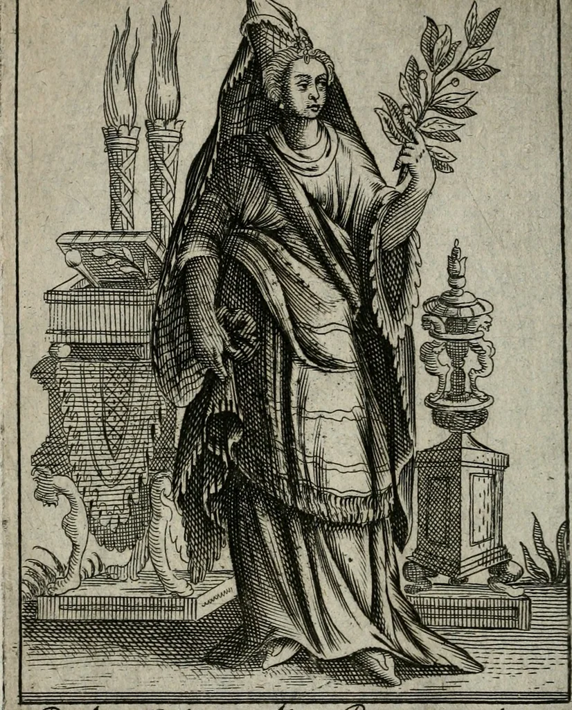 An illustration from Historia deorum fatidicorum, vatum sybillarum, phoebadum, apud priscos illustrium : cum eorum iconibus : praeposita est disertatio de divinatione & oraculis, 1680, leaf 193