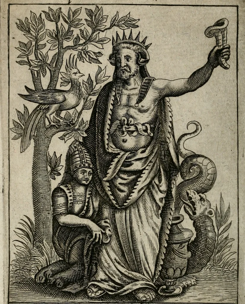 An illustration from Historia deorum fatidicorum, vatum sybillarum, phoebadum, apud priscos illustrium : cum eorum iconibus : praeposita est disertatio de divinatione & oraculis, 1680, leaf 27