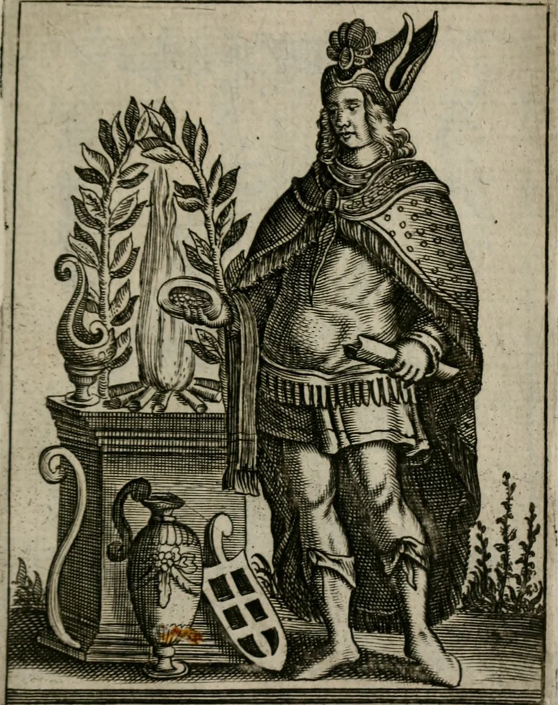 An illustration from Historia deorum fatidicorum, vatum sybillarum, phoebadum, apud priscos illustrium : cum eorum iconibus : praeposita est disertatio de divinatione & oraculis, 1680, leaf 42
