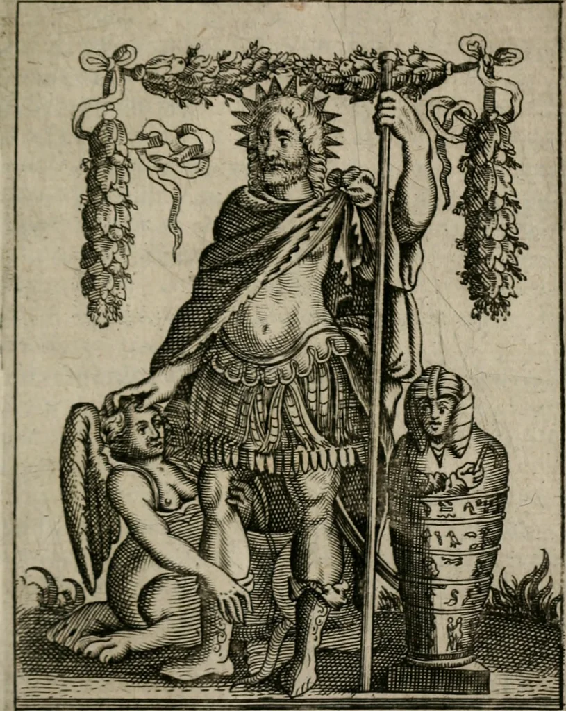 An illustration from Historia deorum fatidicorum, vatum sybillarum, phoebadum, apud priscos illustrium : cum eorum iconibus : praeposita est disertatio de divinatione & oraculis, 1680, leaf 44