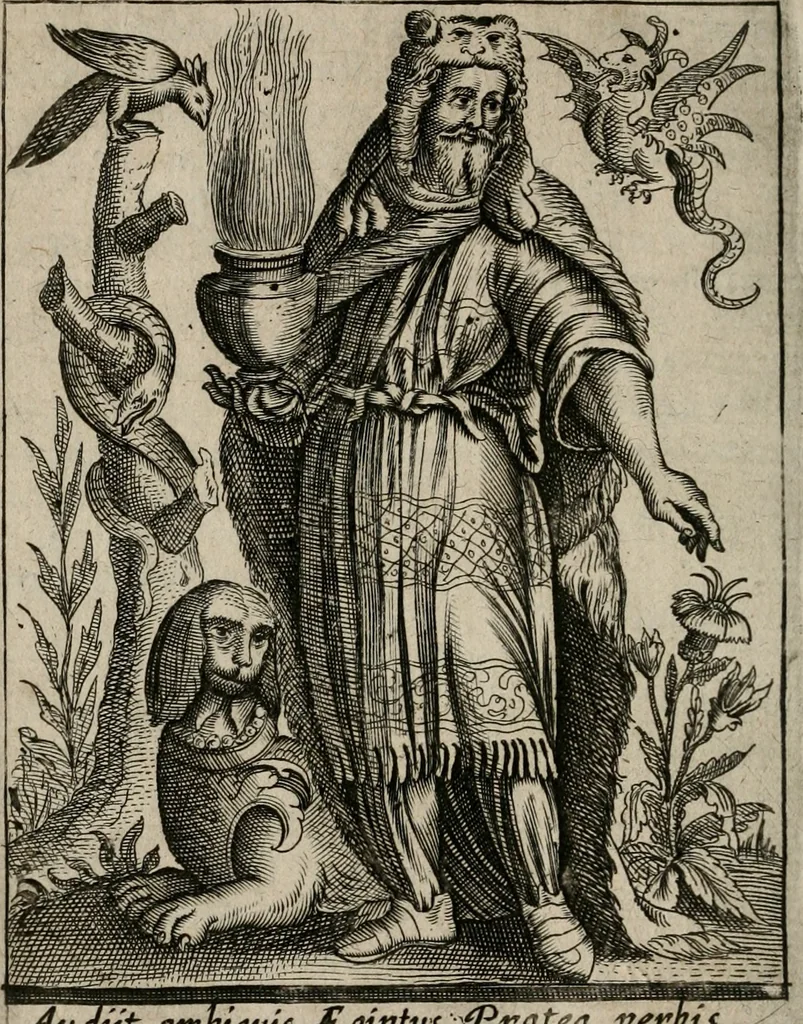 An illustration from Historia deorum fatidicorum, vatum sybillarum, phoebadum, apud priscos illustrium : cum eorum iconibus : praeposita est disertatio de divinatione & oraculis, 1680, leaf 51