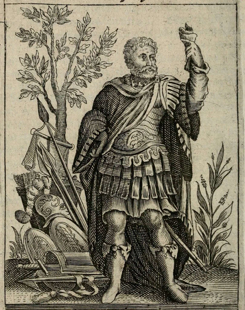An illustration from Historia deorum fatidicorum, vatum sybillarum, phoebadum, apud priscos illustrium : cum eorum iconibus : praeposita est disertatio de divinatione & oraculis, 1680, leaf 63