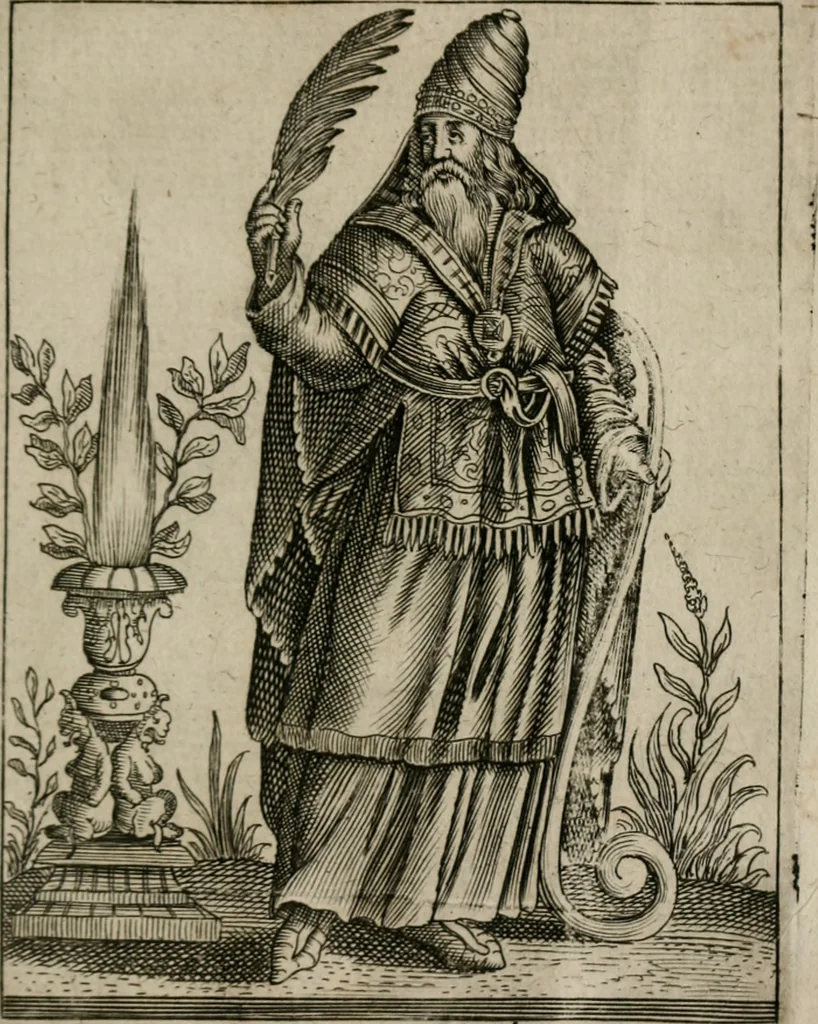 An illustration from Historia deorum fatidicorum, vatum sybillarum, phoebadum, apud priscos illustrium : cum eorum iconibus : praeposita est disertatio de divinatione & oraculis, 1680, leaf 66