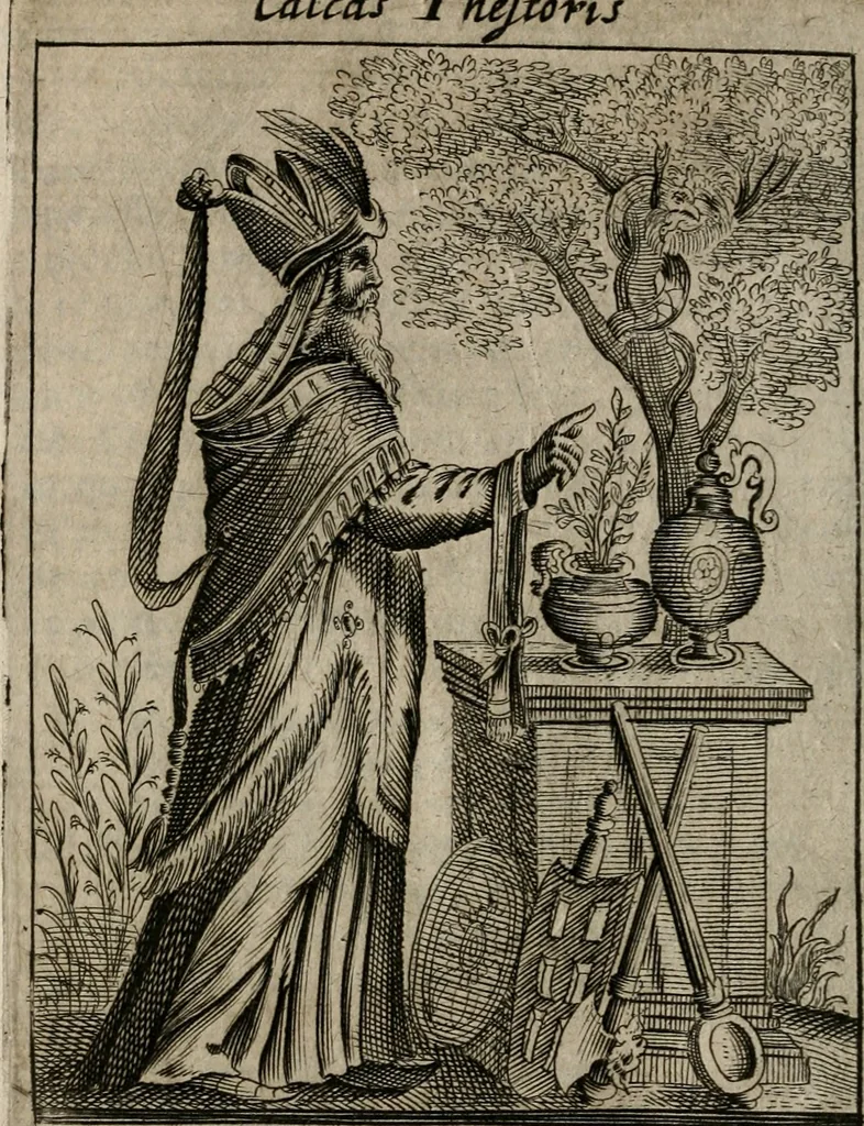 An illustration from Historia deorum fatidicorum, vatum sybillarum, phoebadum, apud priscos illustrium : cum eorum iconibus : praeposita est disertatio de divinatione & oraculis, 1680, leaf 79