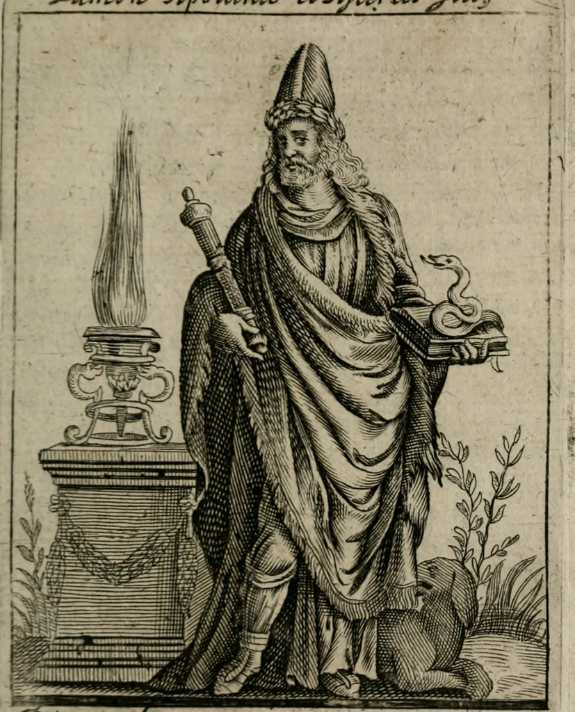 An illustration from Historia deorum fatidicorum, vatum sybillarum, phoebadum, apud priscos illustrium : cum eorum iconibus : praeposita est disertatio de divinatione & oraculis, 1680, leaf 82