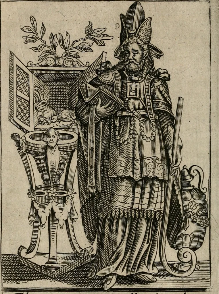 An illustration from Historia deorum fatidicorum, vatum sybillarum, phoebadum, apud priscos illustrium : cum eorum iconibus : praeposita est disertatio de divinatione & oraculis, 1680, leaf 91