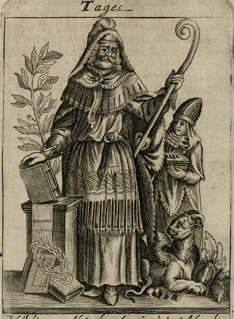 An illustration from Historia deorum fatidicorum, vatum sybillarum, phoebadum, apud priscos illustrium : cum eorum iconibus : praeposita est disertatio de divinatione & oraculis, 1680, leaf 95
