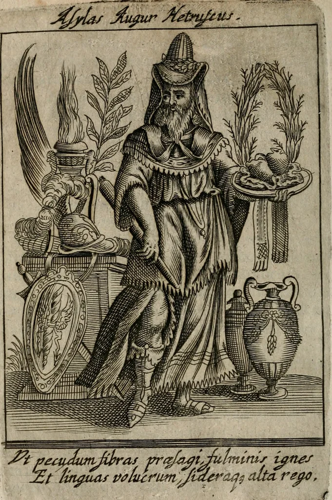 An illustration from Historia deorum fatidicorum, vatum sybillarum, phoebadum, apud priscos illustrium : cum eorum iconibus : praeposita est disertatio de divinatione & oraculis, 1680, leaf 99