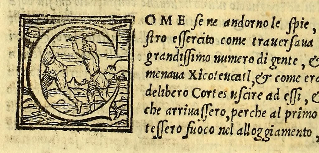 An illustration from Historia di Mexico, et quando si discoperse la nuoua Hispagne, conquistata per illustriss. et ualoroso principe. don Ferdinando Cortese marchese del Valle., 1556, leaf 110