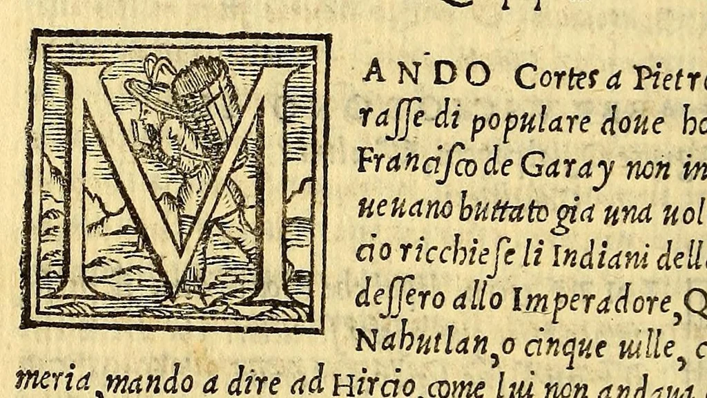 An illustration from Historia di Mexico, et quando si discoperse la nuoua Hispagne, conquistata per illustriss. et ualoroso principe. don Ferdinando Cortese marchese del Valle., 1556, leaf 180