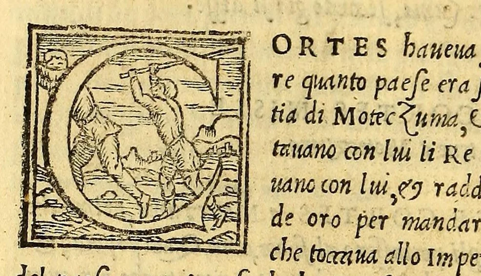 An illustration from Historia di Mexico, et quando si discoperse la nuoua Hispagne, conquistata per illustriss. et ualoroso principe. don Ferdinando Cortese marchese del Valle., 1556, leaf 182