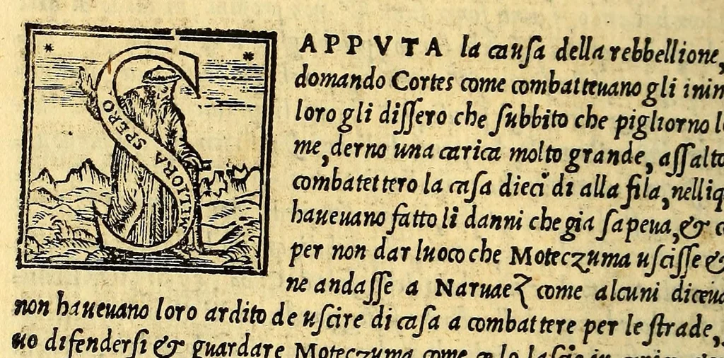 An illustration from Historia di Mexico, et quando si discoperse la nuoua Hispagne, conquistata per illustriss. et ualoroso principe. don Ferdinando Cortese marchese del Valle., 1556, leaf 212