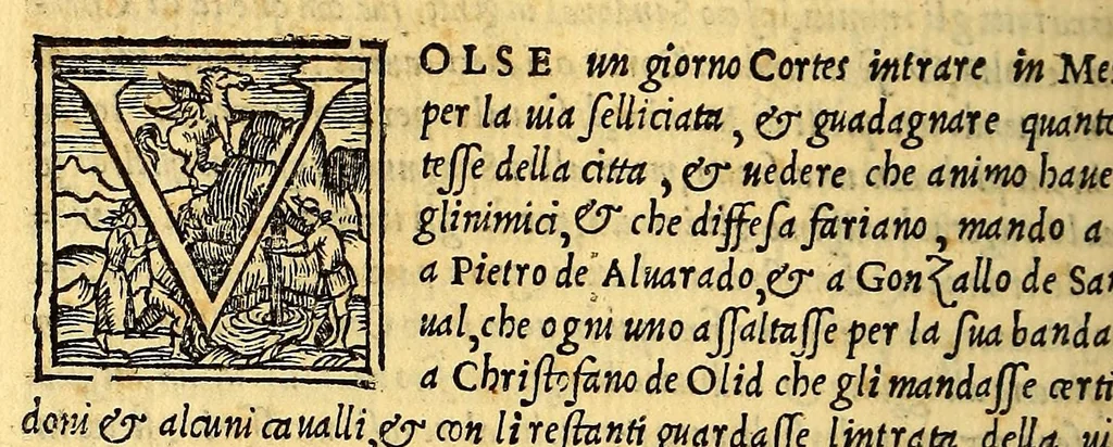 An illustration from Historia di Mexico, et quando si discoperse la nuoua Hispagne, conquistata per illustriss. et ualoroso principe. don Ferdinando Cortese marchese del Valle., 1556, leaf 274