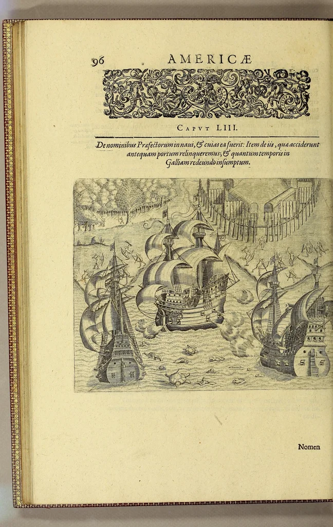 An illustration from Historiae antipodum, siue Novi orbis, qui vulgo Americae, & Indiae Occidentalis nomine vsurpatur, pars tertia, : Complectens admirandam cum ipsius terrae Brasiliae, tum incolarum eius barbarorum & antropophagorum historiam libris tribus descriptam: Quorum I. Primo continetur narratio profectionis Ioannis Stadij Hessi in Brasiliam, qui à barbaris interceptus, nouemque menses inter eos versatus est, II. Diegesis historica naturam coeli solique Brasiliensis, vt & auiam, ferarum, piscium, arborum item caeterorumq[ue] vegetabilium illius terrae experimens. III. Luculientissima descriptio itineris Iohannis Lerij Burgundi, quod in easdem terras suscepit., 1630, leaf 114