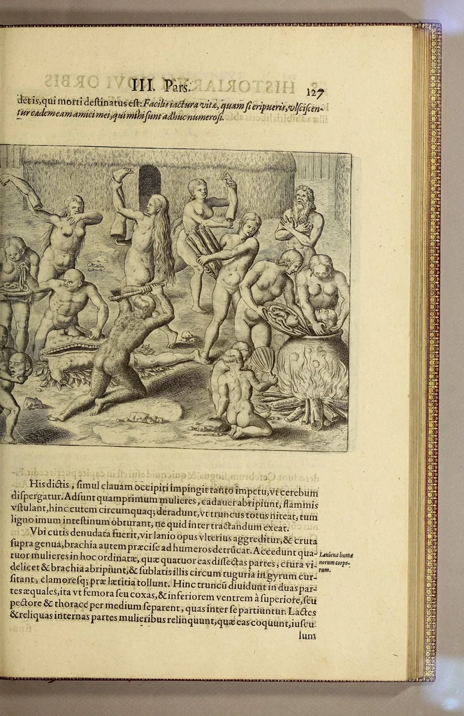 An illustration from Historiae antipodum, siue Novi orbis, qui vulgo Americae, & Indiae Occidentalis nomine vsurpatur, pars tertia, : Complectens admirandam cum ipsius terrae Brasiliae, tum incolarum eius barbarorum & antropophagorum historiam libris tribus descriptam: Quorum I. Primo continetur narratio profectionis Ioannis Stadij Hessi in Brasiliam, qui à barbaris interceptus, nouemque menses inter eos versatus est, II. Diegesis historica naturam coeli solique Brasiliensis, vt & auiam, ferarum, piscium, arborum item caeterorumq[ue] vegetabilium illius terrae experimens. III. Luculientissima descriptio itineris Iohannis Lerij Burgundi, quod in easdem terras suscepit., 1630, leaf 145