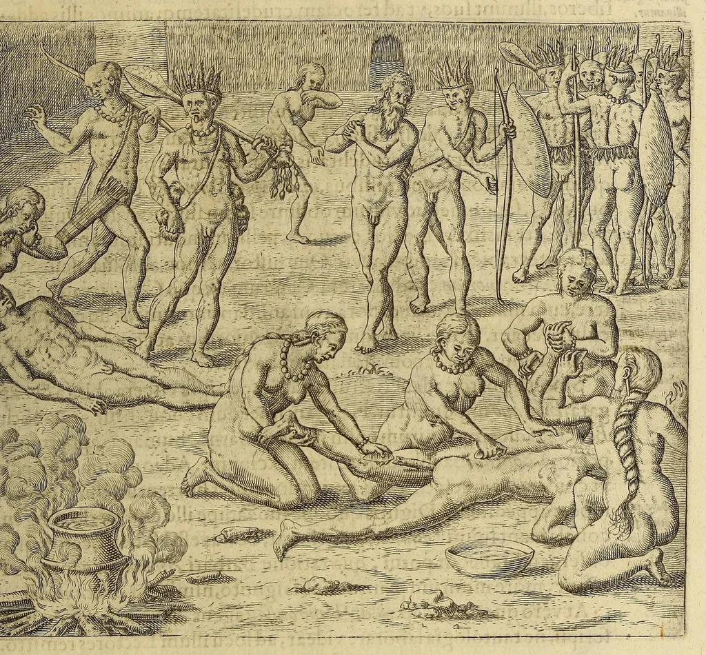 An illustration from Historiae antipodum, siue Novi orbis, qui vulgo Americae, & Indiae Occidentalis nomine vsurpatur, pars tertia, : Complectens admirandam cum ipsius terrae Brasiliae, tum incolarum eius barbarorum & antropophagorum historiam libris tribus descriptam: Quorum I. Primo continetur narratio profectionis Ioannis Stadij Hessi in Brasiliam, qui à barbaris interceptus, nouemque menses inter eos versatus est, II. Diegesis historica naturam coeli solique Brasiliensis, vt & auiam, ferarum, piscium, arborum item caeterorumq[ue] vegetabilium illius terrae experimens. III. Luculientissima descriptio itineris Iohannis Lerij Burgundi, quod in easdem terras suscepit., 1630, leaf 231