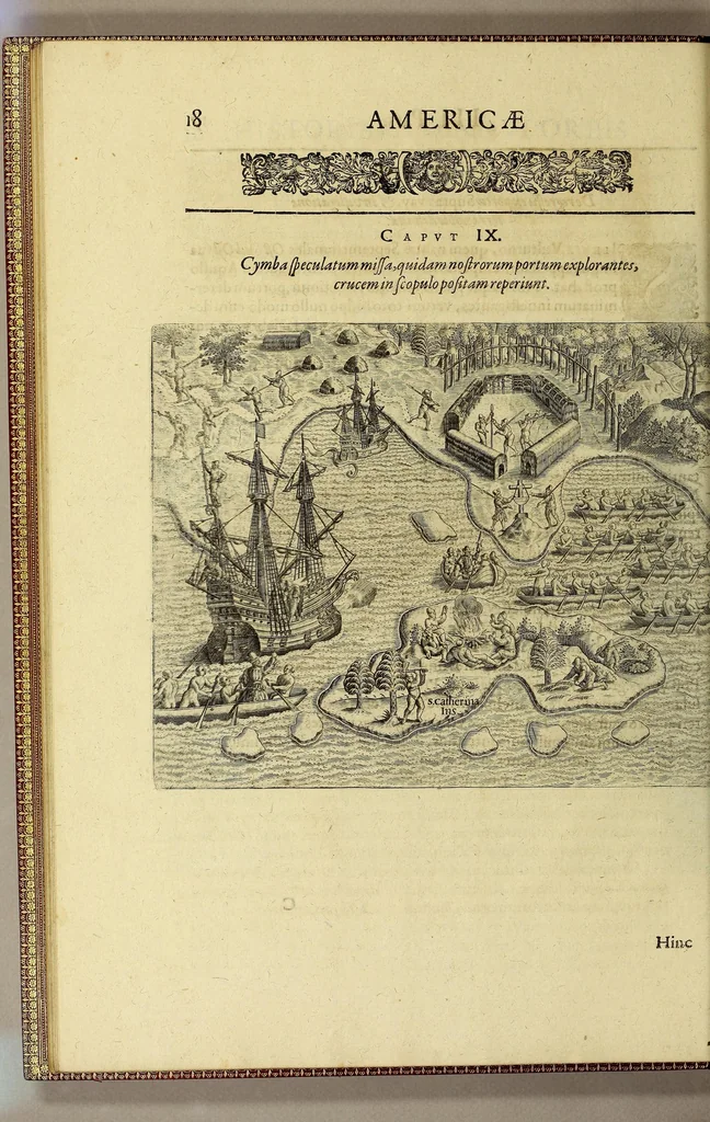 An illustration from Historiae antipodum, siue Novi orbis, qui vulgo Americae, & Indiae Occidentalis nomine vsurpatur, pars tertia, : Complectens admirandam cum ipsius terrae Brasiliae, tum incolarum eius barbarorum & antropophagorum historiam libris tribus descriptam: Quorum I. Primo continetur narratio profectionis Ioannis Stadij Hessi in Brasiliam, qui à barbaris interceptus, nouemque menses inter eos versatus est, II. Diegesis historica naturam coeli solique Brasiliensis, vt & auiam, ferarum, piscium, arborum item caeterorumq[ue] vegetabilium illius terrae experimens. III. Luculientissima descriptio itineris Iohannis Lerij Burgundi, quod in easdem terras suscepit., 1630, leaf 36