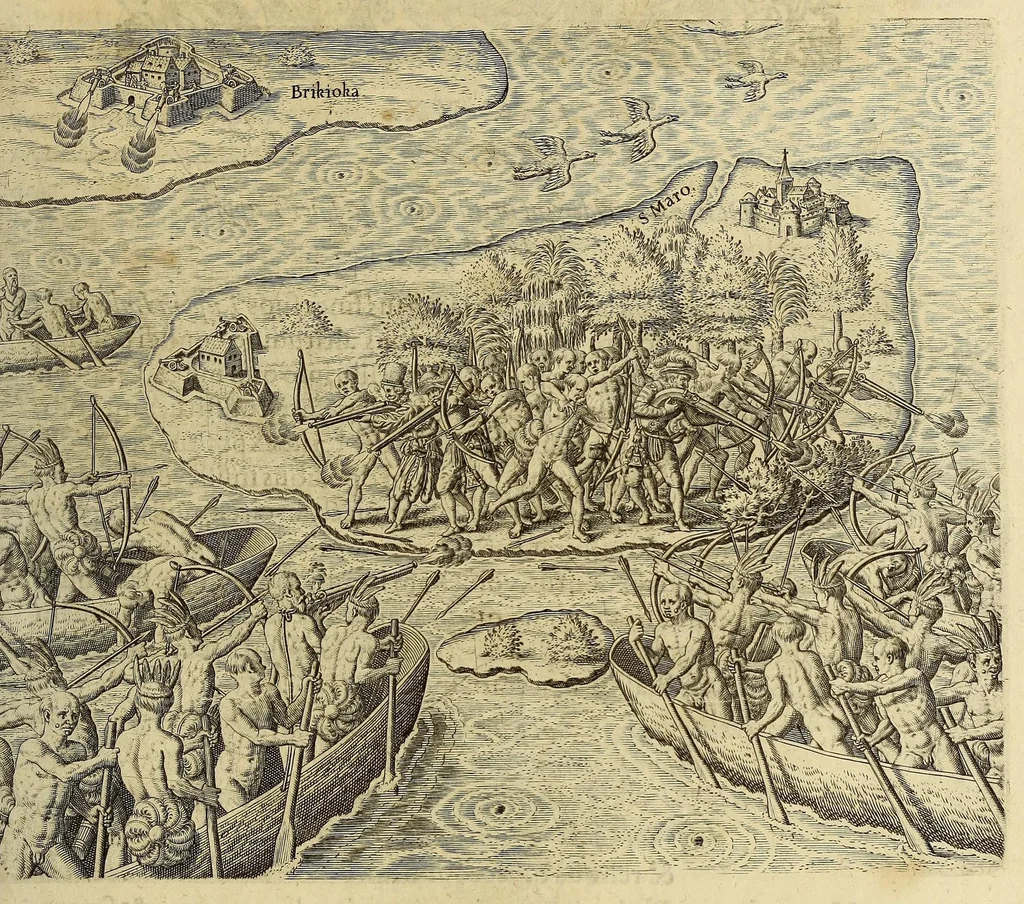 An illustration from Historiae antipodum, siue Novi orbis, qui vulgo Americae, & Indiae Occidentalis nomine vsurpatur, pars tertia, : Complectens admirandam cum ipsius terrae Brasiliae, tum incolarum eius barbarorum & antropophagorum historiam libris tribus descriptam: Quorum I. Primo continetur narratio profectionis Ioannis Stadij Hessi in Brasiliam, qui à barbaris interceptus, nouemque menses inter eos versatus est, II. Diegesis historica naturam coeli solique Brasiliensis, vt & auiam, ferarum, piscium, arborum item caeterorumq[ue] vegetabilium illius terrae experimens. III. Luculientissima descriptio itineris Iohannis Lerij Burgundi, quod in easdem terras suscepit., 1630, leaf 55