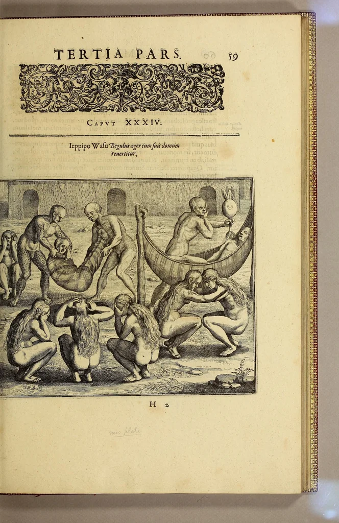 An illustration from Historiae antipodum, siue Novi orbis, qui vulgo Americae, & Indiae Occidentalis nomine vsurpatur, pars tertia, : Complectens admirandam cum ipsius terrae Brasiliae, tum incolarum eius barbarorum & antropophagorum historiam libris tribus descriptam: Quorum I. Primo continetur narratio profectionis Ioannis Stadij Hessi in Brasiliam, qui à barbaris interceptus, nouemque menses inter eos versatus est, II. Diegesis historica naturam coeli solique Brasiliensis, vt & auiam, ferarum, piscium, arborum item caeterorumq[ue] vegetabilium illius terrae experimens. III. Luculientissima descriptio itineris Iohannis Lerij Burgundi, quod in easdem terras suscepit., 1630, leaf 77