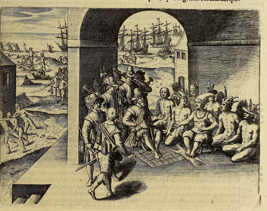 An illustration from Historiae antipodum siue Noui Orbis, qui vulgo Americae et Indiae Occidentalis nomine vsurpatur, pars nona: : continens veram et genvinam descriptionem duarum nauigationum Hollandicarum, quas Batavi diversas orbis partes magno animo, etsi varia fortuna, susceperunt. I. Et primo quidem libro narratur, quo pacto quinq[ue] naues, quae Amsterdamo soluerant. Magellanici freti angustiis superatis in Moluccas insulas pertendere conatae, diuerso euentu vsae fuerint, tribus scopum suum affecutis, duabus reliquis in periculoso illo stricto vi tempestarum variè afflectis, irritoque conamine tandem domum redire compulsis. II. Secundo libro felix & admirabilis Oliuerii van-der-Noort totius orbis periplus percensetur, vbi permulta memoratu dignissima, quae toto illo itinere occurrerunt, verè describuntur. Omnia hactenus confuse nec suo loco edita: nunc verò sublatis innumeris mendiis, interpretum Ablepsia admissis, decenter & ordine accurata:, 1633, leaf 17