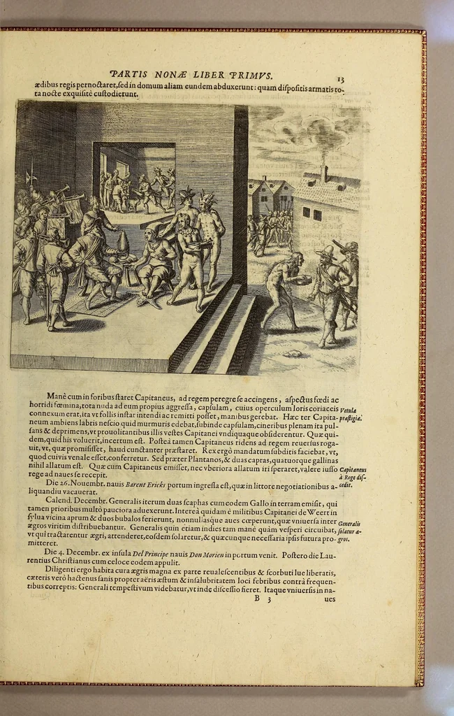 An illustration from Historiae antipodum siue Noui Orbis, qui vulgo Americae et Indiae Occidentalis nomine vsurpatur, pars nona: : continens veram et genvinam descriptionem duarum nauigationum Hollandicarum, quas Batavi diversas orbis partes magno animo, etsi varia fortuna, susceperunt. I. Et primo quidem libro narratur, quo pacto quinq[ue] naues, quae Amsterdamo soluerant. Magellanici freti angustiis superatis in Moluccas insulas pertendere conatae, diuerso euentu vsae fuerint, tribus scopum suum affecutis, duabus reliquis in periculoso illo stricto vi tempestarum variè afflectis, irritoque conamine tandem domum redire compulsis. II. Secundo libro felix & admirabilis Oliuerii van-der-Noort totius orbis periplus percensetur, vbi permulta memoratu dignissima, quae toto illo itinere occurrerunt, verè describuntur. Omnia hactenus confuse nec suo loco edita: nunc verò sublatis innumeris mendiis, interpretum Ablepsia admissis, decenter & ordine accurata:, 1633, leaf 19