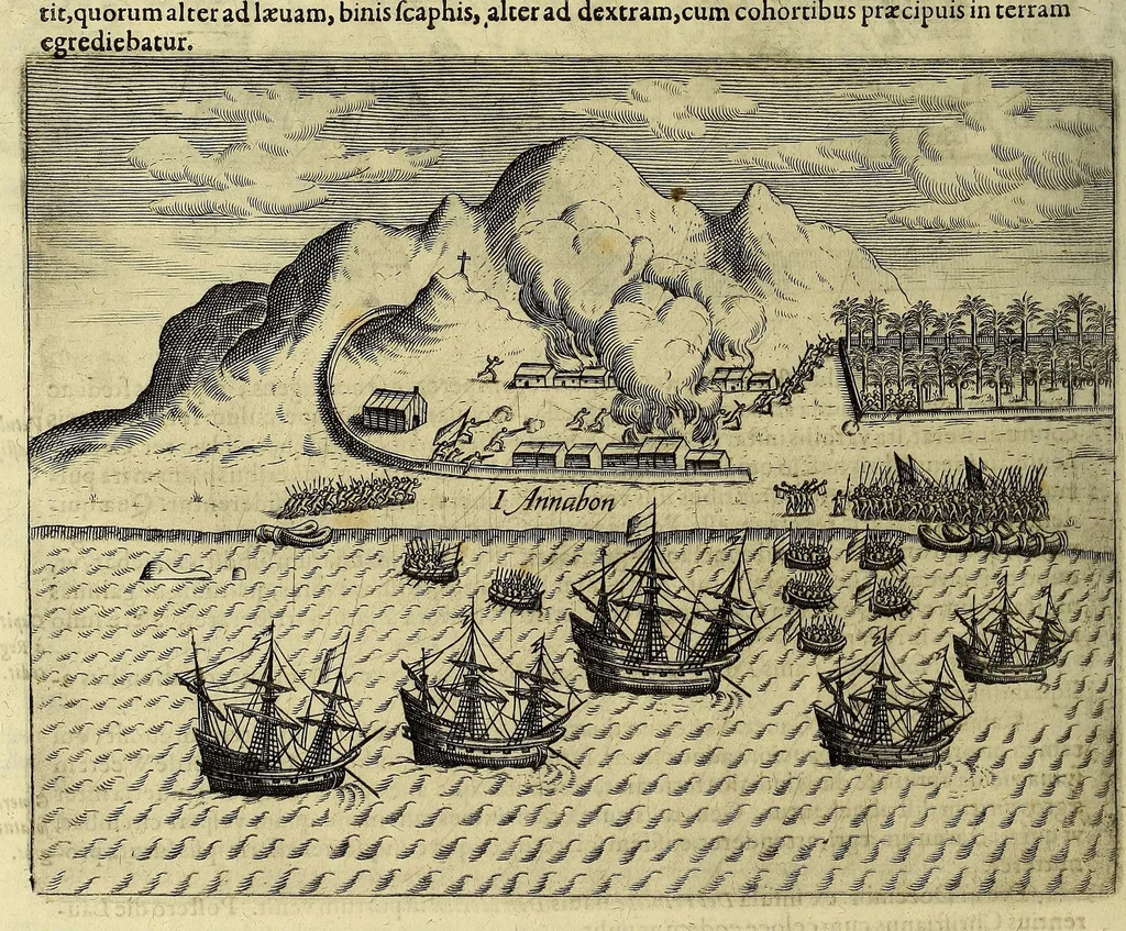 An illustration from Historiae antipodum siue Noui Orbis, qui vulgo Americae et Indiae Occidentalis nomine vsurpatur, pars nona: : continens veram et genvinam descriptionem duarum nauigationum Hollandicarum, quas Batavi diversas orbis partes magno animo, etsi varia fortuna, susceperunt. I. Et primo quidem libro narratur, quo pacto quinq[ue] naues, quae Amsterdamo soluerant. Magellanici freti angustiis superatis in Moluccas insulas pertendere conatae, diuerso euentu vsae fuerint, tribus scopum suum affecutis, duabus reliquis in periculoso illo stricto vi tempestarum variè afflectis, irritoque conamine tandem domum redire compulsis. II. Secundo libro felix & admirabilis Oliuerii van-der-Noort totius orbis periplus percensetur, vbi permulta memoratu dignissima, quae toto illo itinere occurrerunt, verè describuntur. Omnia hactenus confuse nec suo loco edita: nunc verò sublatis innumeris mendiis, interpretum Ablepsia admissis, decenter & ordine accurata:, 1633, leaf 20