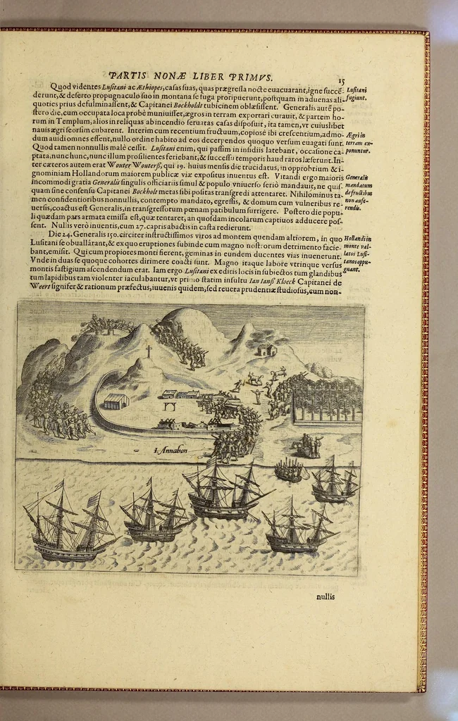 An illustration from Historiae antipodum siue Noui Orbis, qui vulgo Americae et Indiae Occidentalis nomine vsurpatur, pars nona: : continens veram et genvinam descriptionem duarum nauigationum Hollandicarum, quas Batavi diversas orbis partes magno animo, etsi varia fortuna, susceperunt. I. Et primo quidem libro narratur, quo pacto quinq[ue] naues, quae Amsterdamo soluerant. Magellanici freti angustiis superatis in Moluccas insulas pertendere conatae, diuerso euentu vsae fuerint, tribus scopum suum affecutis, duabus reliquis in periculoso illo stricto vi tempestarum variè afflectis, irritoque conamine tandem domum redire compulsis. II. Secundo libro felix & admirabilis Oliuerii van-der-Noort totius orbis periplus percensetur, vbi permulta memoratu dignissima, quae toto illo itinere occurrerunt, verè describuntur. Omnia hactenus confuse nec suo loco edita: nunc verò sublatis innumeris mendiis, interpretum Ablepsia admissis, decenter & ordine accurata:, 1633, leaf 21