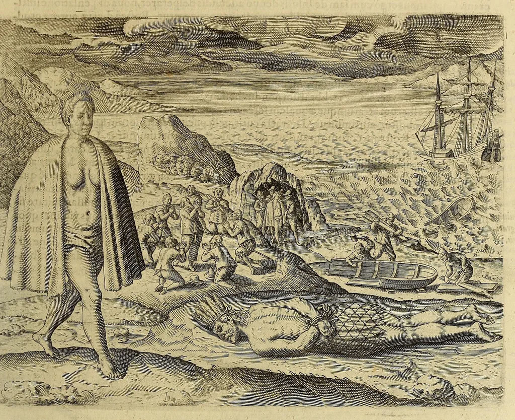An illustration from Historiae antipodum siue Noui Orbis, qui vulgo Americae et Indiae Occidentalis nomine vsurpatur, pars nona: : continens veram et genvinam descriptionem duarum nauigationum Hollandicarum, quas Batavi diversas orbis partes magno animo, etsi varia fortuna, susceperunt. I. Et primo quidem libro narratur, quo pacto quinq[ue] naues, quae Amsterdamo soluerant. Magellanici freti angustiis superatis in Moluccas insulas pertendere conatae, diuerso euentu vsae fuerint, tribus scopum suum affecutis, duabus reliquis in periculoso illo stricto vi tempestarum variè afflectis, irritoque conamine tandem domum redire compulsis. II. Secundo libro felix & admirabilis Oliuerii van-der-Noort totius orbis periplus percensetur, vbi permulta memoratu dignissima, quae toto illo itinere occurrerunt, verè describuntur. Omnia hactenus confuse nec suo loco edita: nunc verò sublatis innumeris mendiis, interpretum Ablepsia admissis, decenter & ordine accurata:, 1633, leaf 41