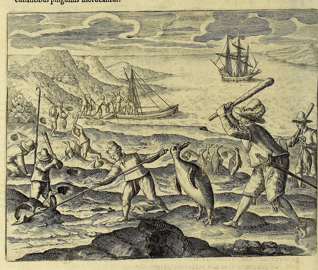 An illustration from Historiae antipodum siue Noui Orbis, qui vulgo Americae et Indiae Occidentalis nomine vsurpatur, pars nona: : continens veram et genvinam descriptionem duarum nauigationum Hollandicarum, quas Batavi diversas orbis partes magno animo, etsi varia fortuna, susceperunt. I. Et primo quidem libro narratur, quo pacto quinq[ue] naues, quae Amsterdamo soluerant. Magellanici freti angustiis superatis in Moluccas insulas pertendere conatae, diuerso euentu vsae fuerint, tribus scopum suum affecutis, duabus reliquis in periculoso illo stricto vi tempestarum variè afflectis, irritoque conamine tandem domum redire compulsis. II. Secundo libro felix & admirabilis Oliuerii van-der-Noort totius orbis periplus percensetur, vbi permulta memoratu dignissima, quae toto illo itinere occurrerunt, verè describuntur. Omnia hactenus confuse nec suo loco edita: nunc verò sublatis innumeris mendiis, interpretum Ablepsia admissis, decenter & ordine accurata:, 1633, leaf 42